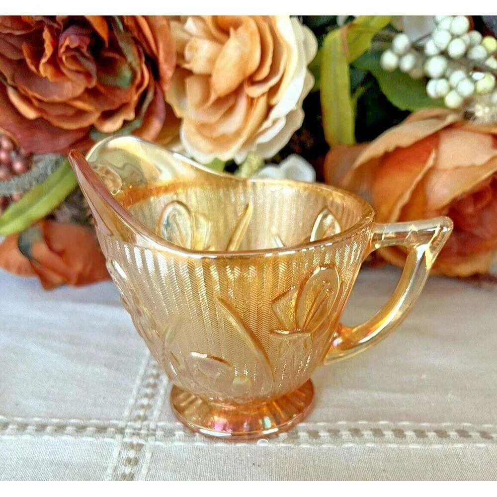 Jeannette Carnival Glass Creamer Orange Iridescent Irises and Herringbone Patter